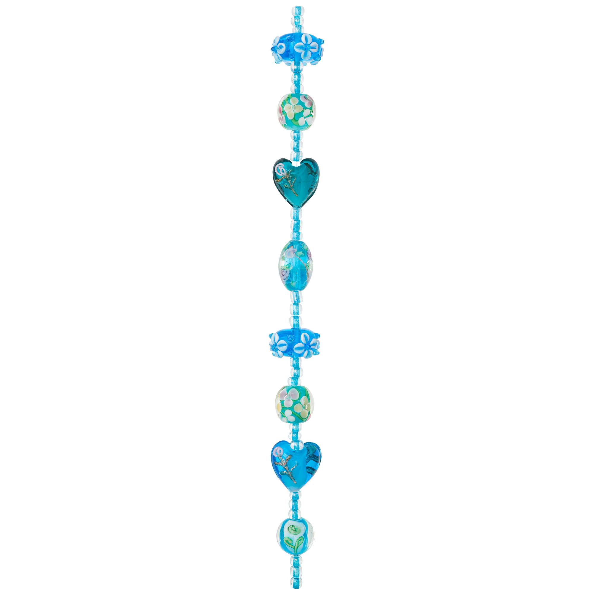 Aqua Heart & Flower Lampwork Glass Beads by Bead Landing™